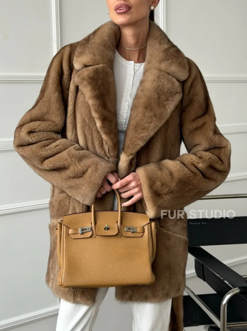 Полушубок норковый пастель с меховым поясом