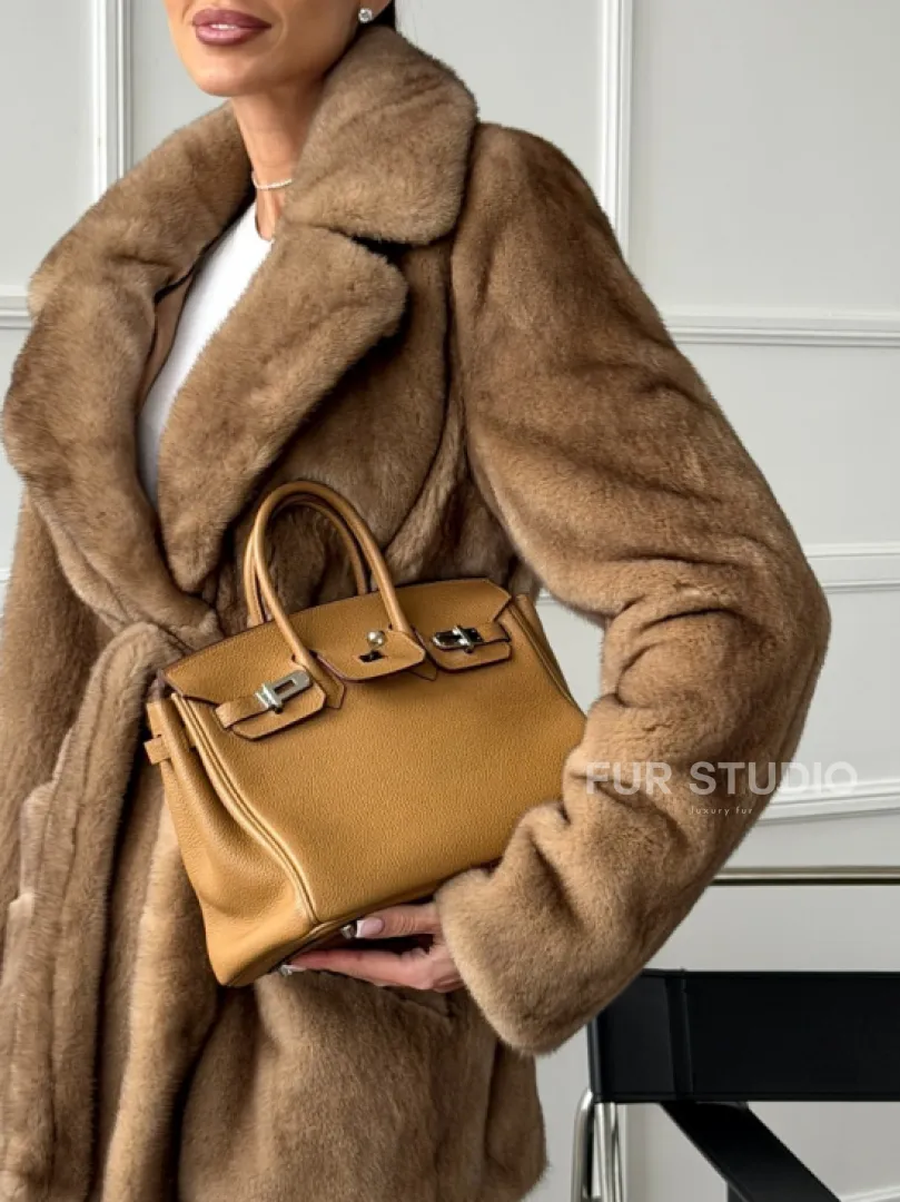 Полушубок норковый пастель с меховым поясом