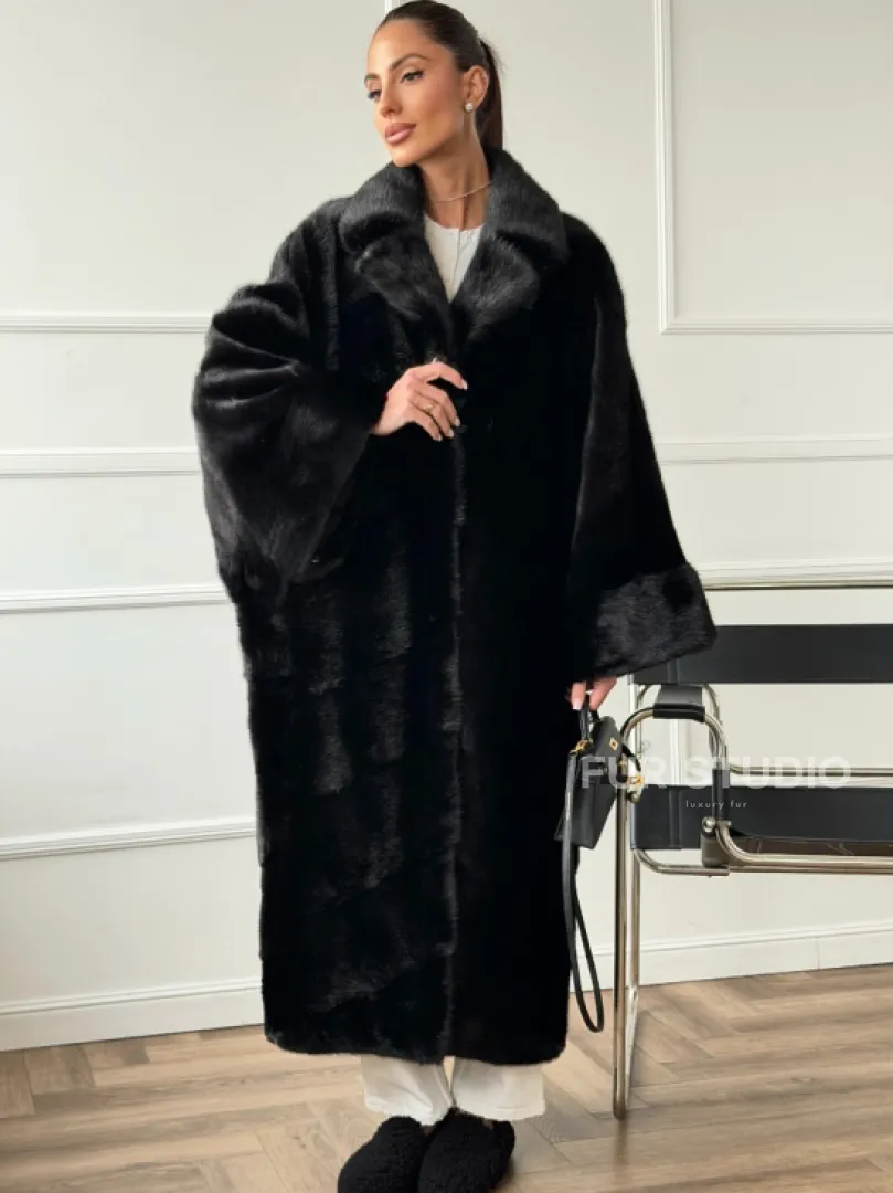 Черное меховое норковое пальто в стиле 