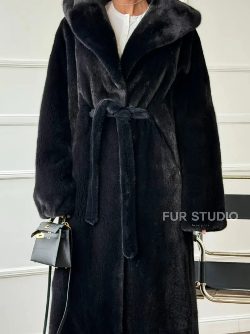 Шуба из норки BLACKGLAMA  с капюшоном в роспуск - фото 1