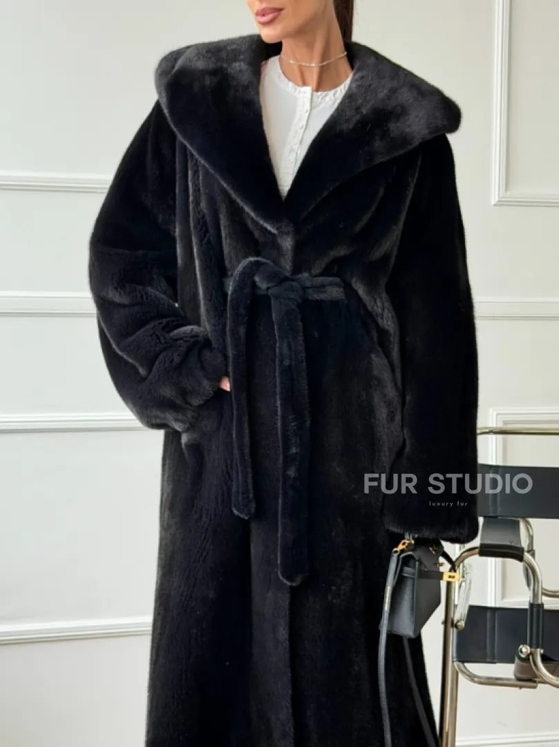 Шуба из норки BLACKGLAMA  с капюшоном в роспуск - фото 2