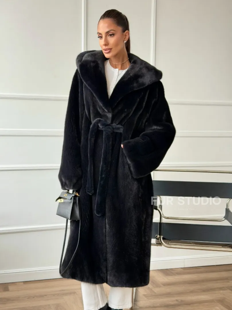 Шуба из норки BLACKGLAMA  с капюшоном в роспуск - фото 7