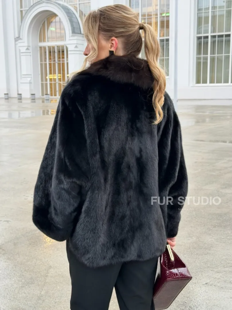 Черный норковый жакет с воротником куницы - фото 6