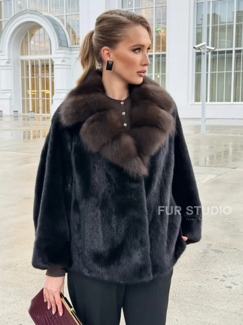 Черный норковый жакет с воротником куницы - фото 10