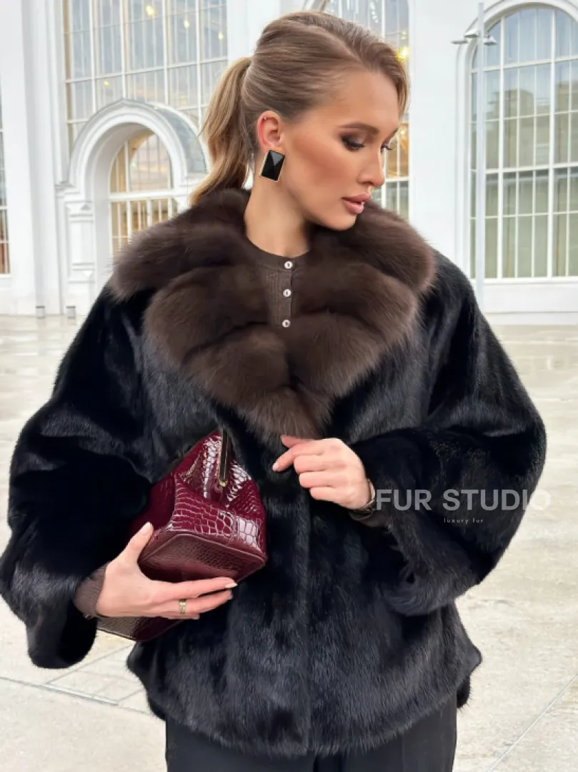 Черный норковый жакет с воротником куницы - фото 5