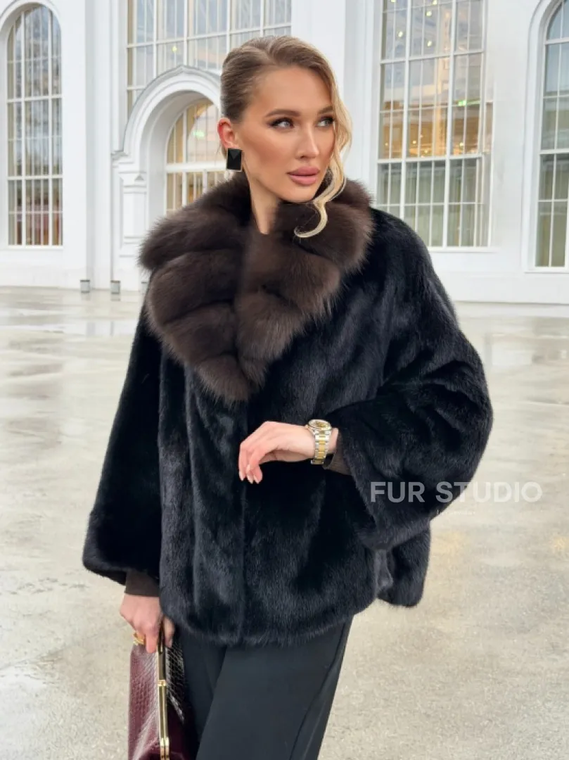 Черный норковый жакет с воротником куницы - фото 13