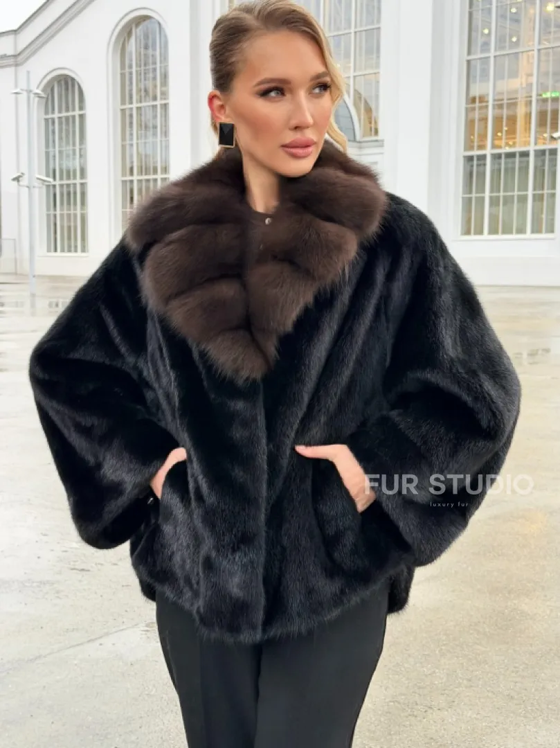 Черный норковый жакет с воротником куницы - фото 4