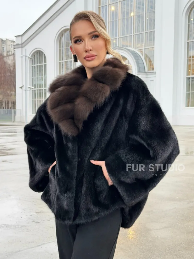 Черный норковый жакет с воротником куницы - фото 11