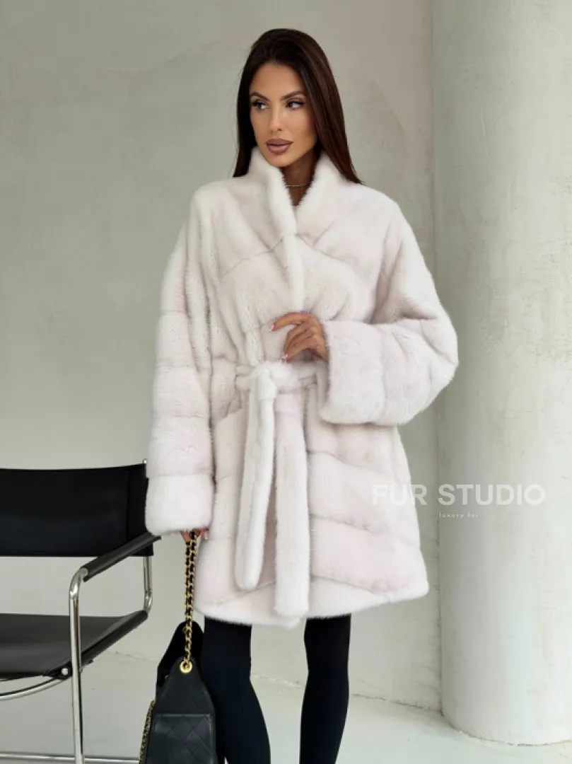 Белая шуба-кимоно, мех норка - фото 9