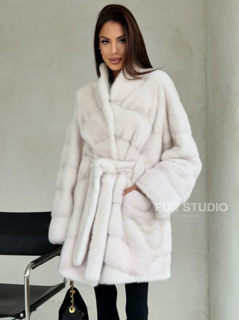 Белая шуба-кимоно, мех норка - фото 0