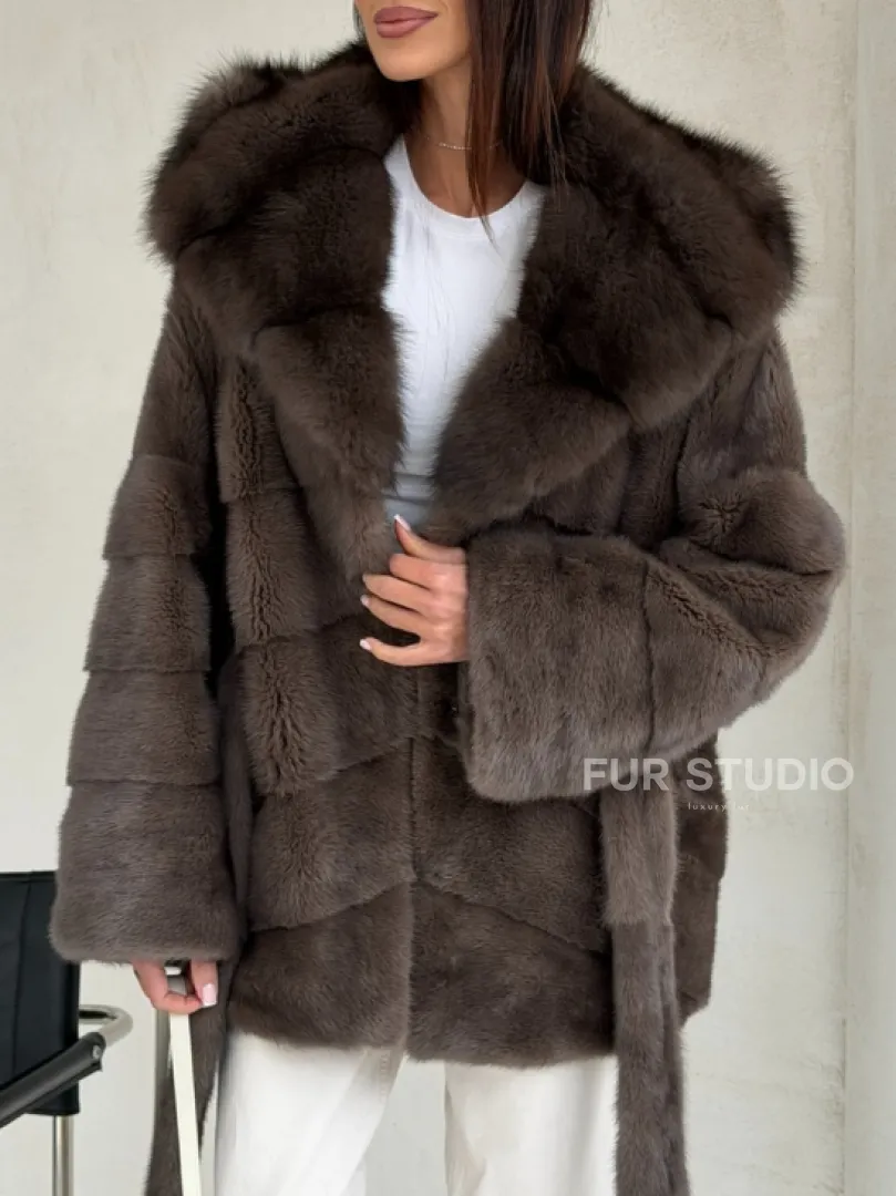 Меховой норковый полушубок с капюшоном куница - фото 3