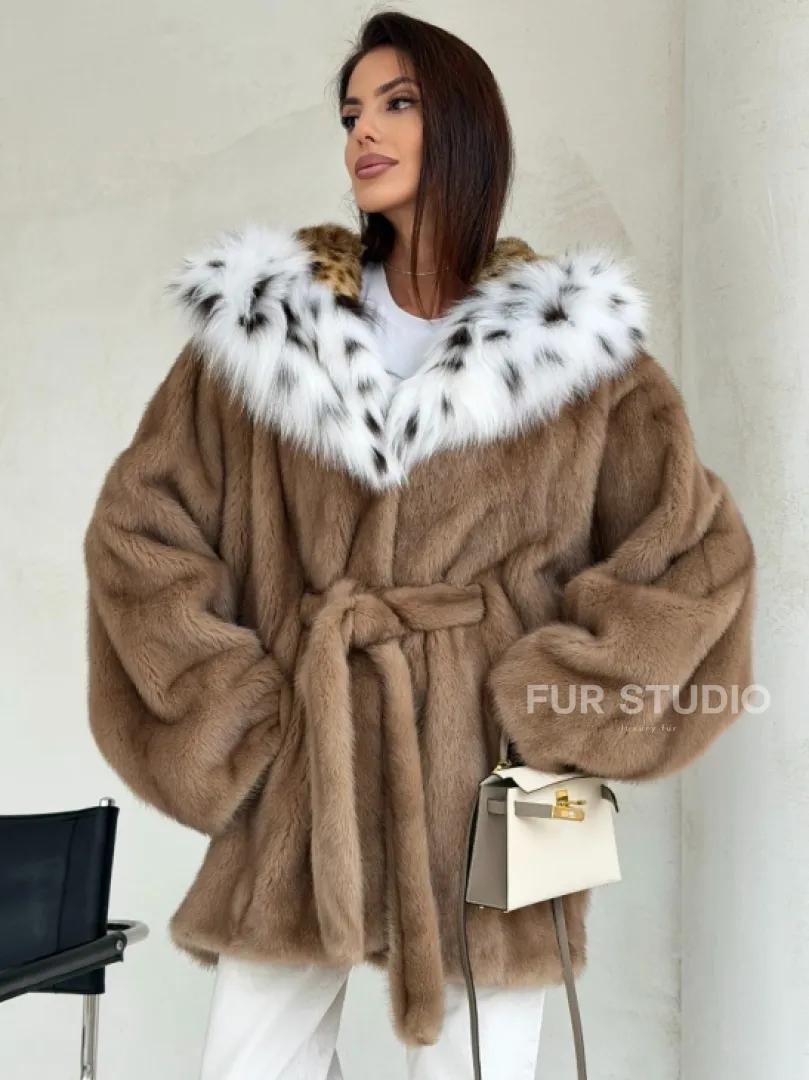 Шуба норковая пастель в роспуск с капюшоном под рысь - фото 5