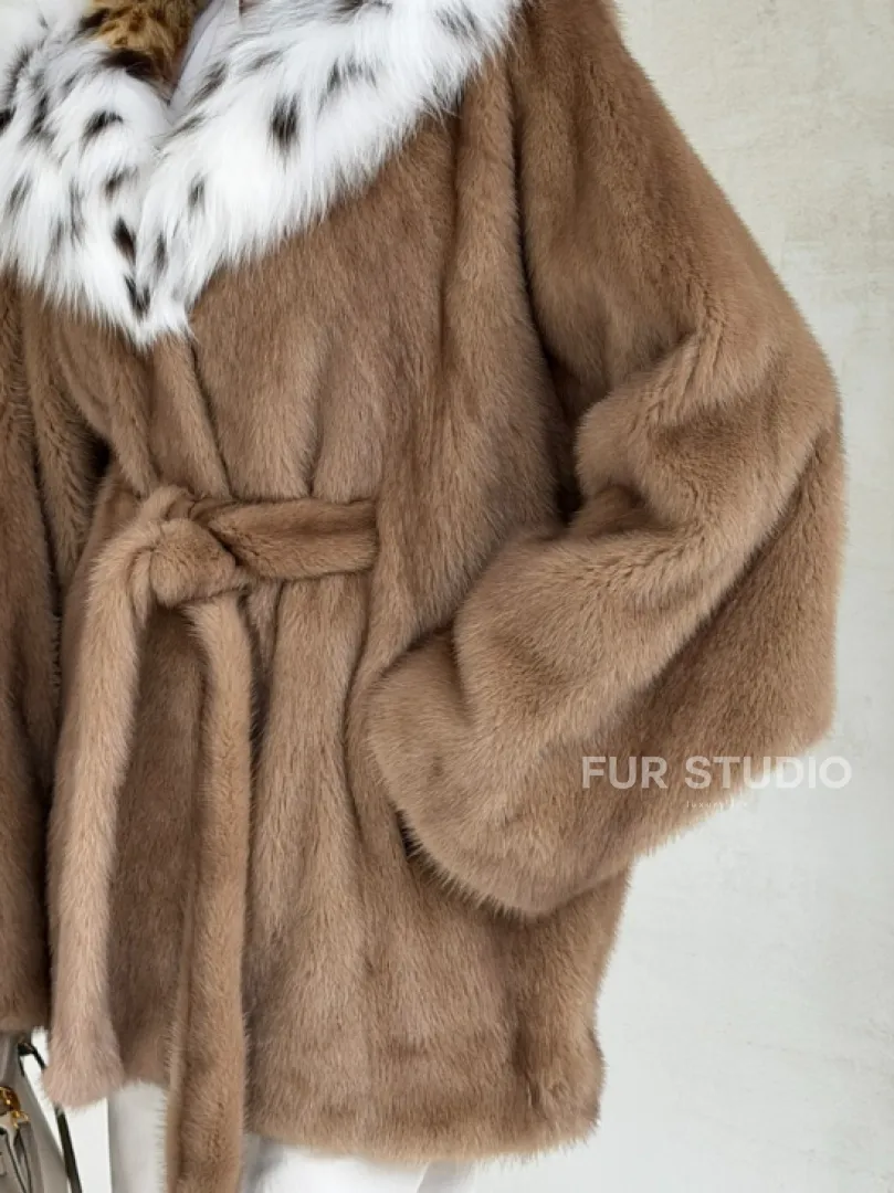 Шуба норковая пастель в роспуск с капюшоном под рысь - фото 1