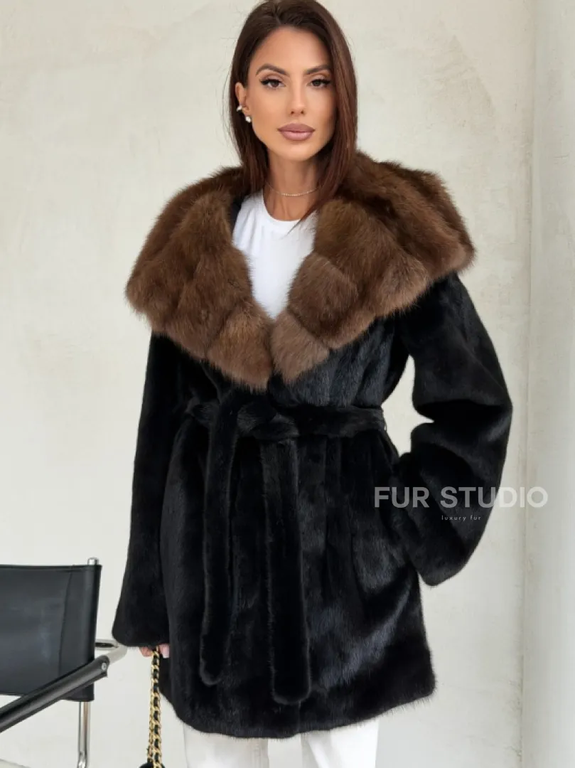 Черная шуба в роспуск с капюшоном соболь - фото 6