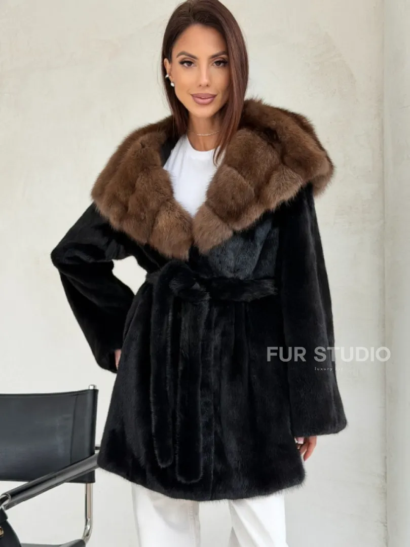 Черная шуба в роспуск с капюшоном соболь - фото 7