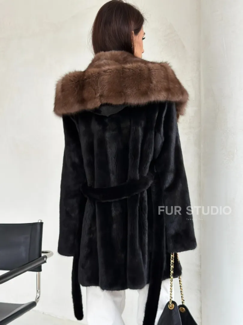 Черная шуба в роспуск с капюшоном соболь - фото 8