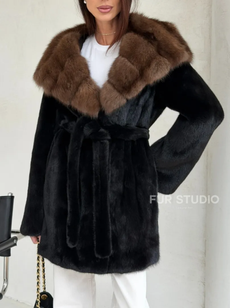 Черная шуба в роспуск с капюшоном соболь - фото 4