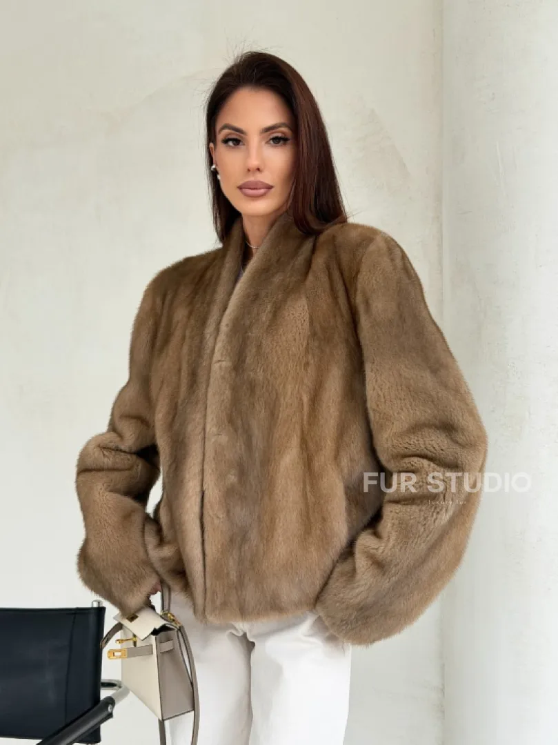 Укороченная шуба из натурального меха норки - пастель - фото 7