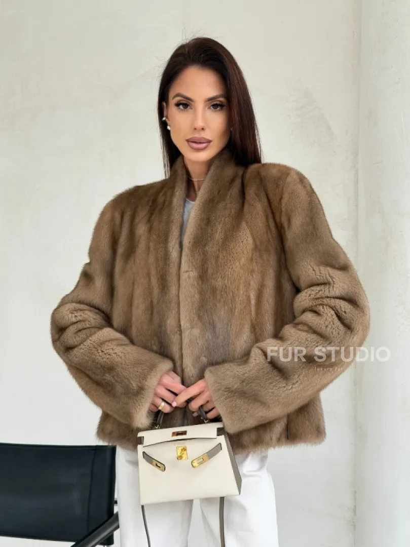 Укороченная шуба из натурального меха норки - пастель - фото 8