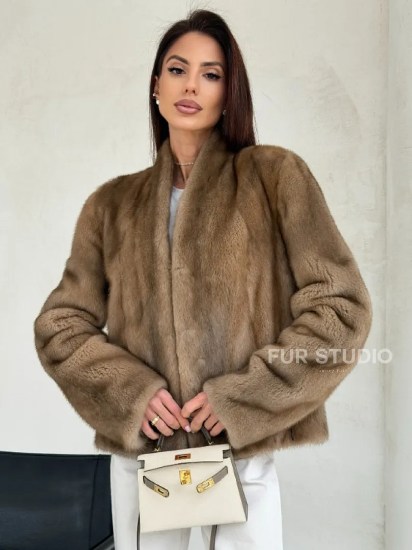 Укороченная шуба из натурального меха норки - пастель - фото 0