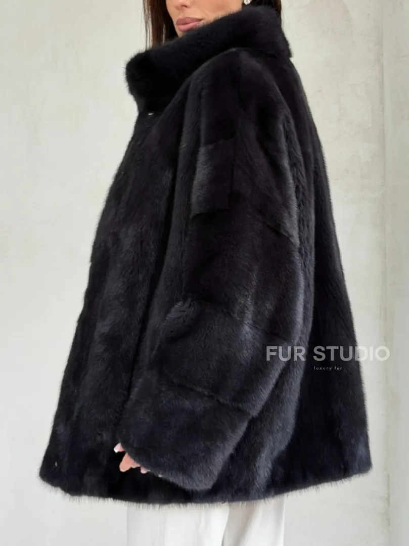 Норковый полушубок графит - стойка воротник - фото 2