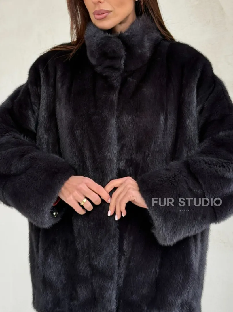 Норковый полушубок графит - стойка воротник - фото 1