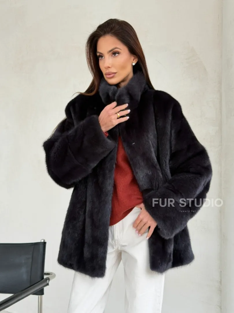 Норковый полушубок графит - стойка воротник