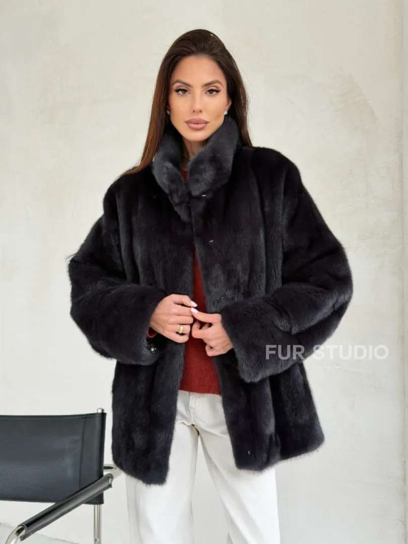 Норковый полушубок графит - стойка воротник - фото 6