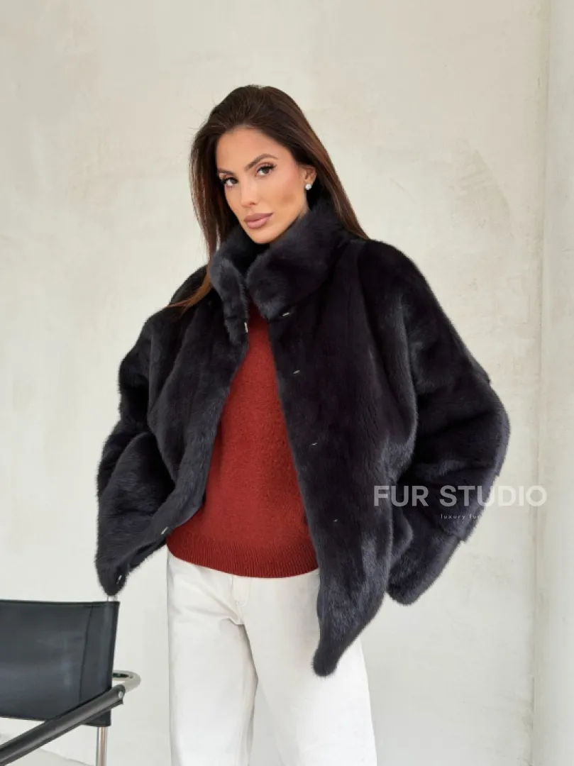 Норковый полушубок графит - стойка воротник - фото 11