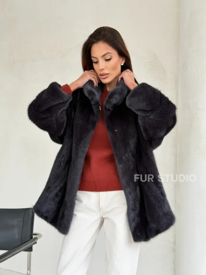 Норковый полушубок графит - стойка воротник - фото 9