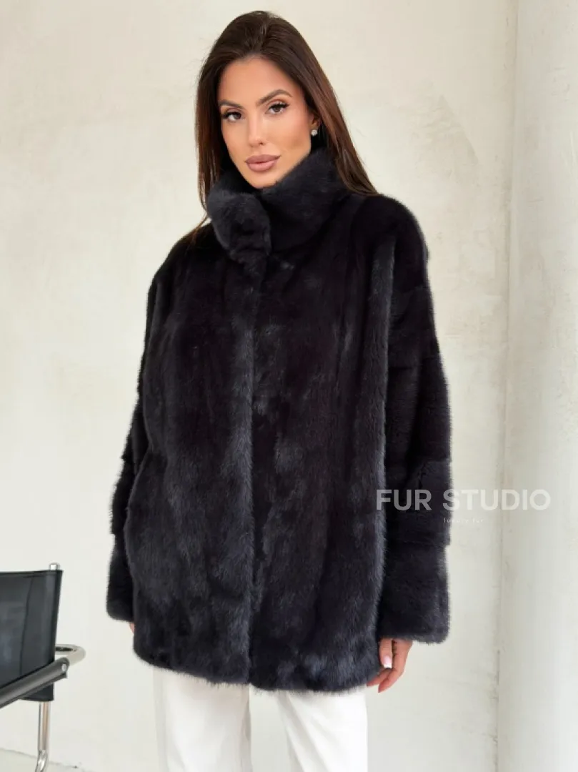 Норковый полушубок графит - стойка воротник