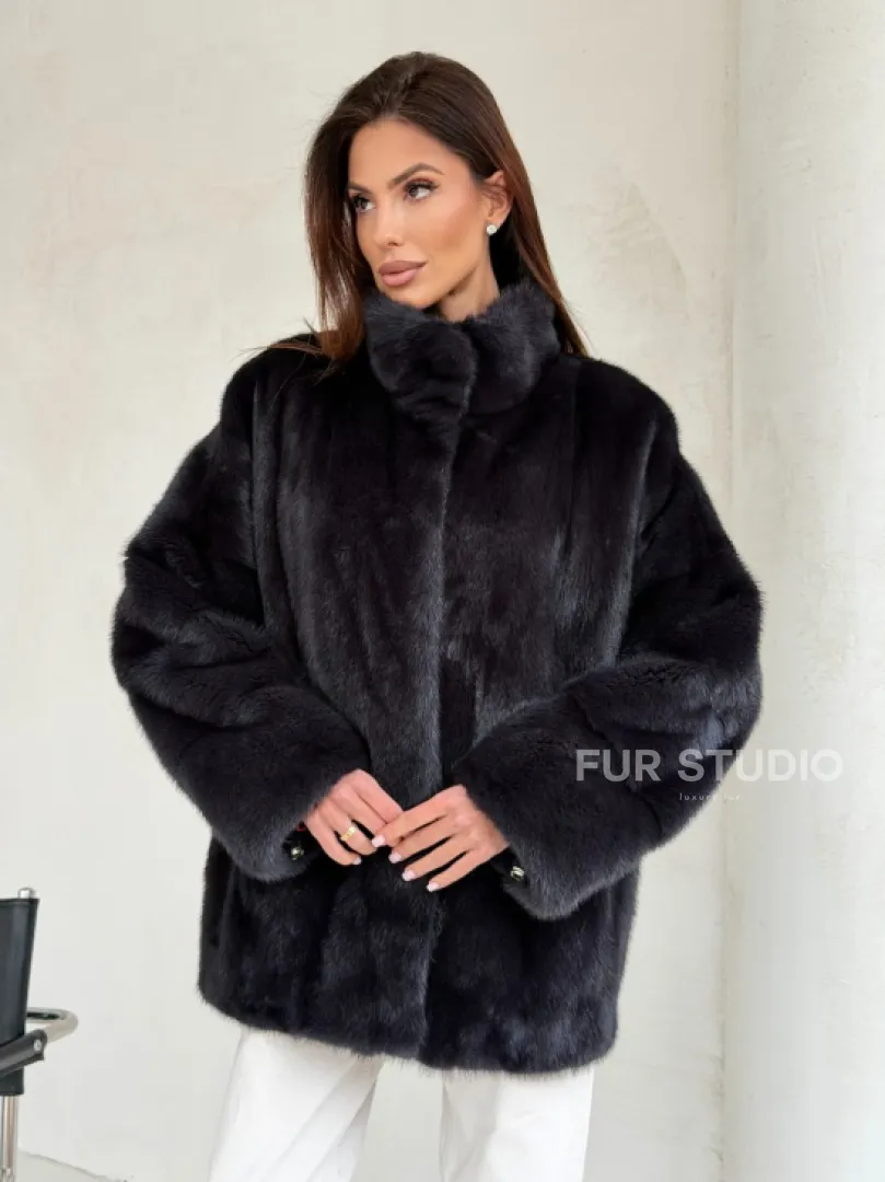 Норковый полушубок графит - стойка воротник - фото 4