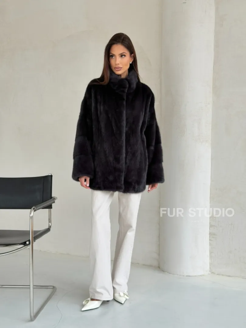 Норковый полушубок графит - стойка воротник