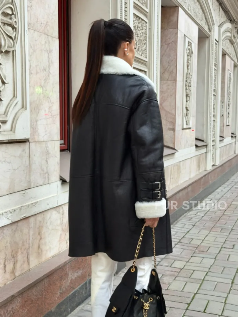 Дубленка авиатор длинная на белой овчине - фото 5