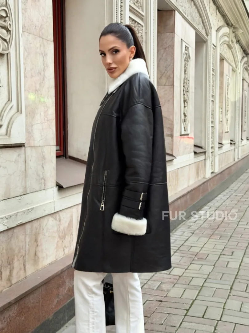 Дубленка авиатор длинная на белой овчине - фото 6