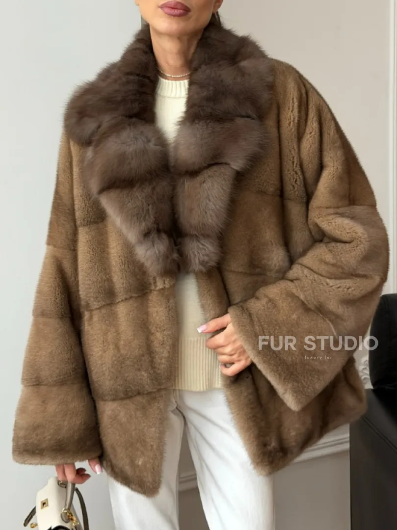 Норковый полушубок - воротник куница - фото 4