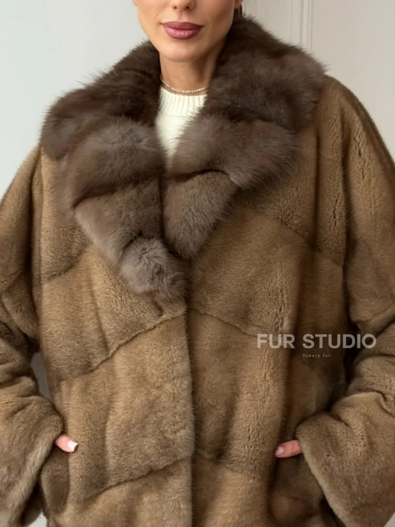 Норковый полушубок - воротник куница - фото 2