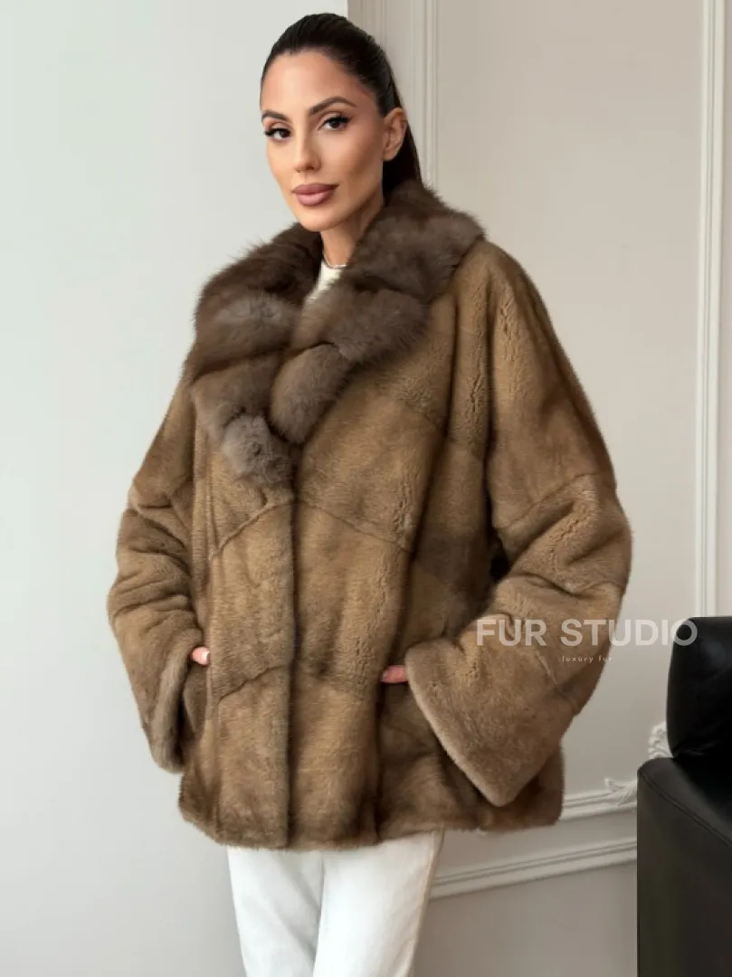 Норковый полушубок - воротник куница - фото 0