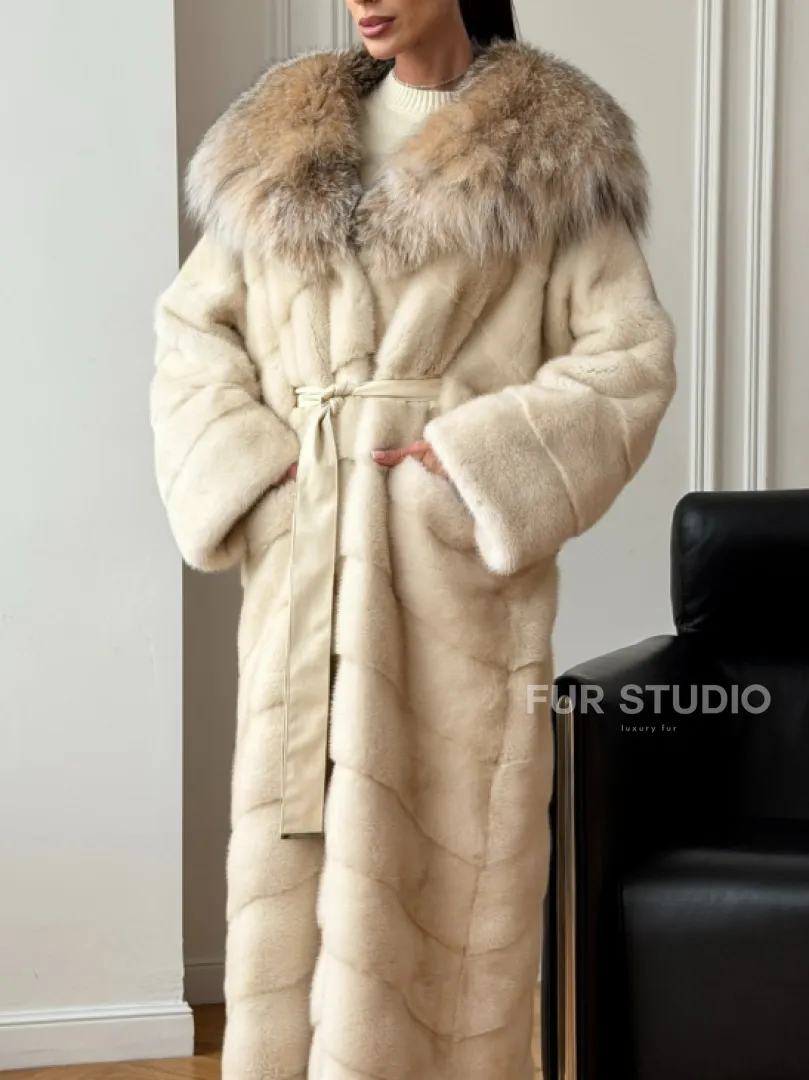 Длинная норковая шуба - капюшон из меха рыси - фото 3