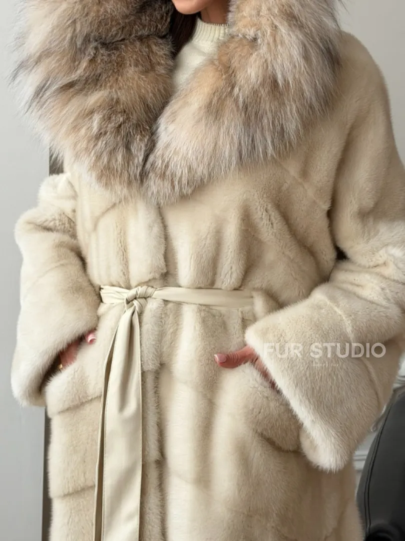 Длинная норковая шуба - капюшон из меха рыси - фото 2