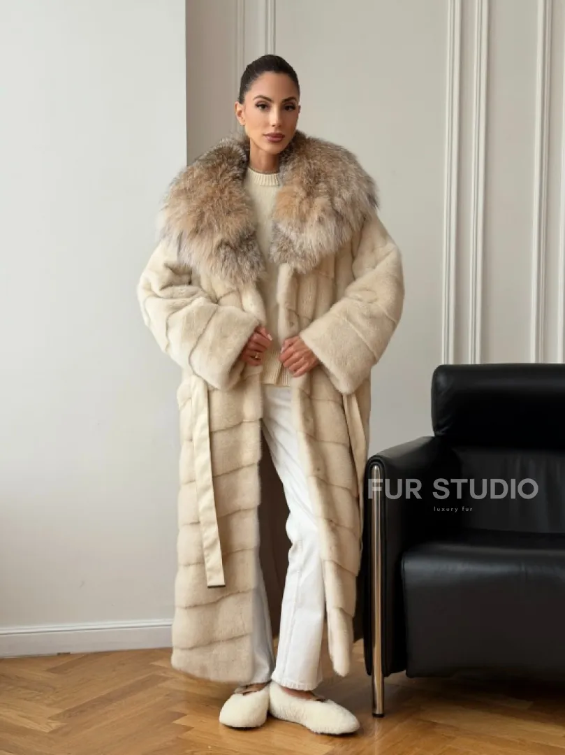 Длинная норковая шуба - капюшон из меха рыси - фото 11