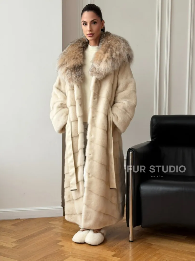 Длинная норковая шуба - капюшон из меха рыси - фото 7