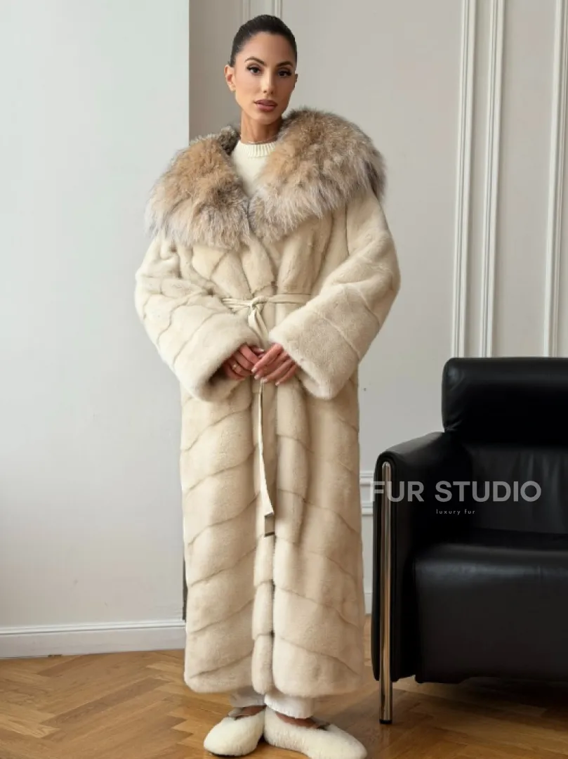 Длинная норковая шуба - капюшон из меха рыси - фото 8