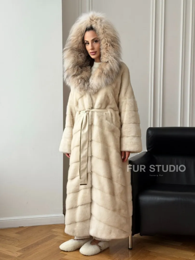 Длинная норковая шуба - капюшон из меха рыси - фото 9