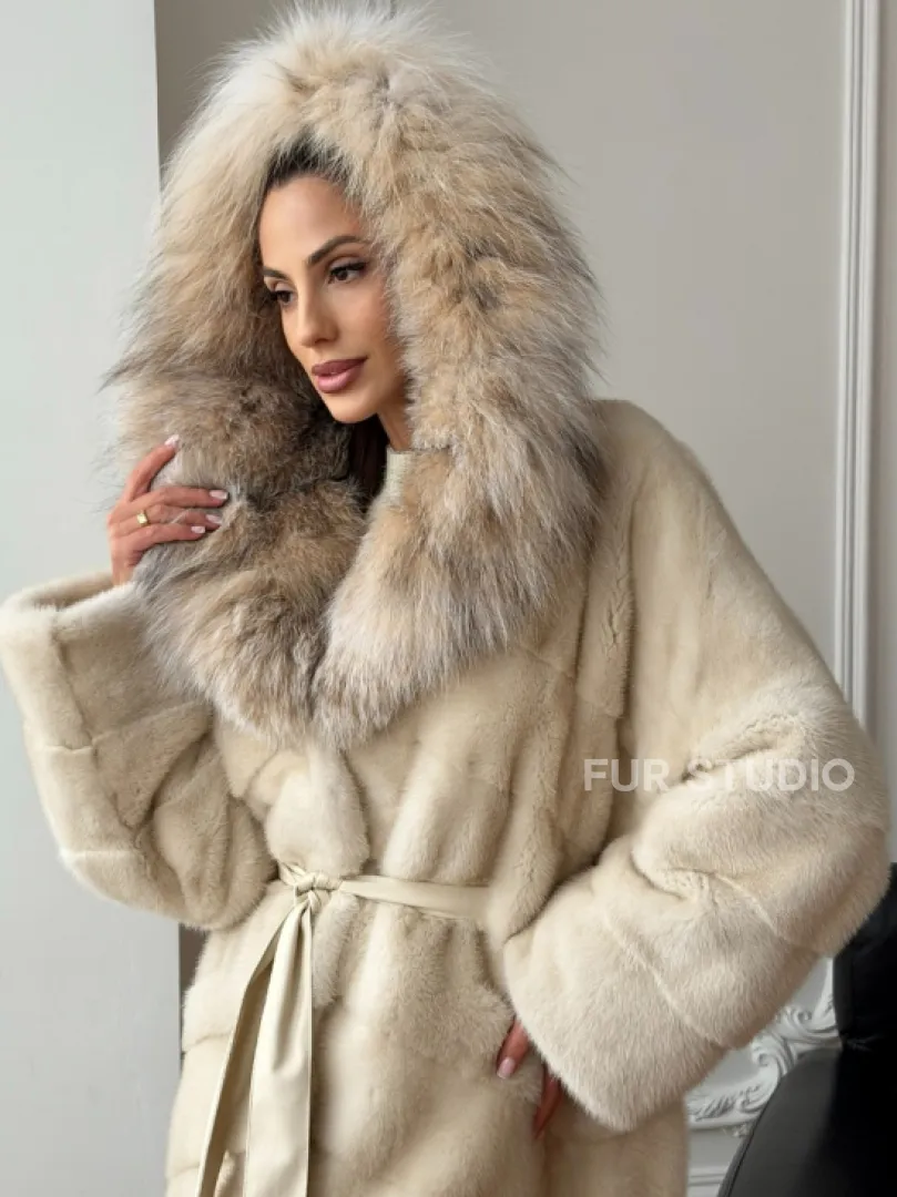 Длинная норковая шуба - капюшон из меха рыси - фото 4