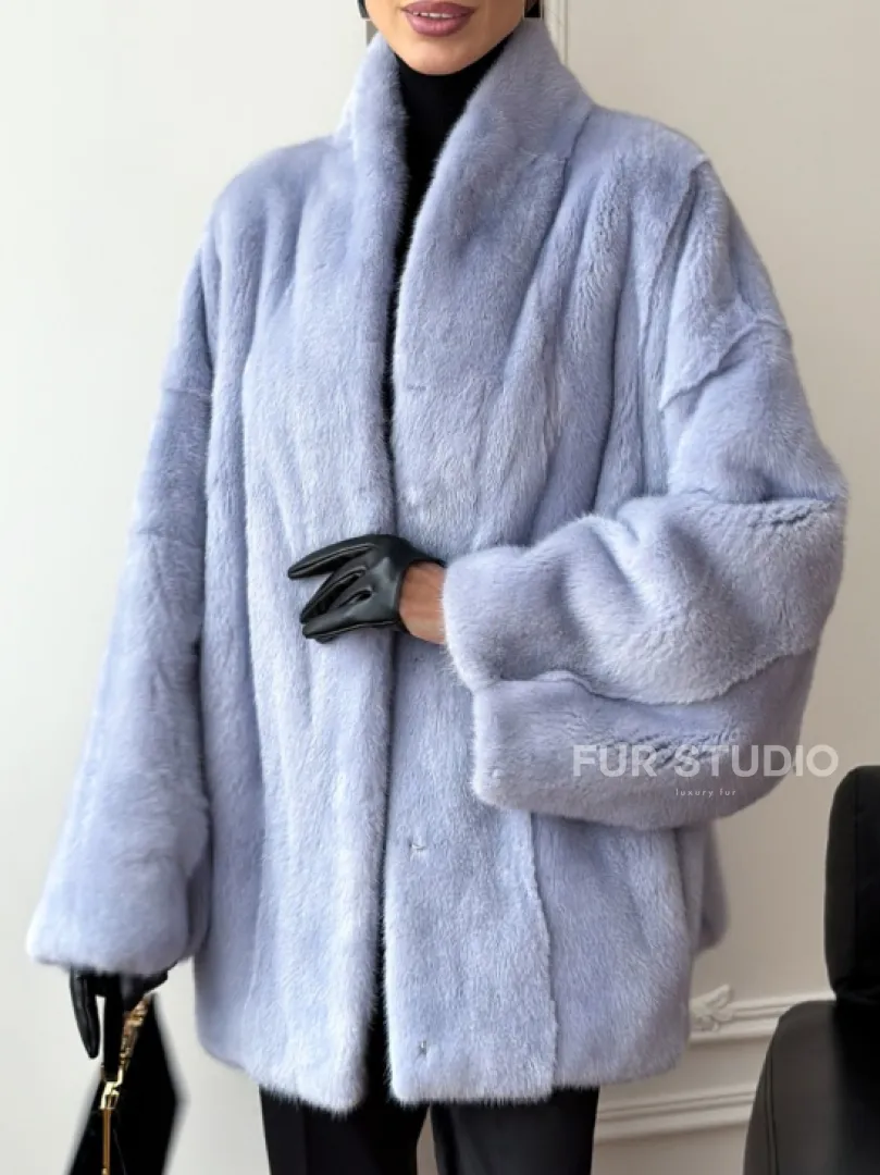 Голубой норковый полушубок - летучая мышь - фото 2