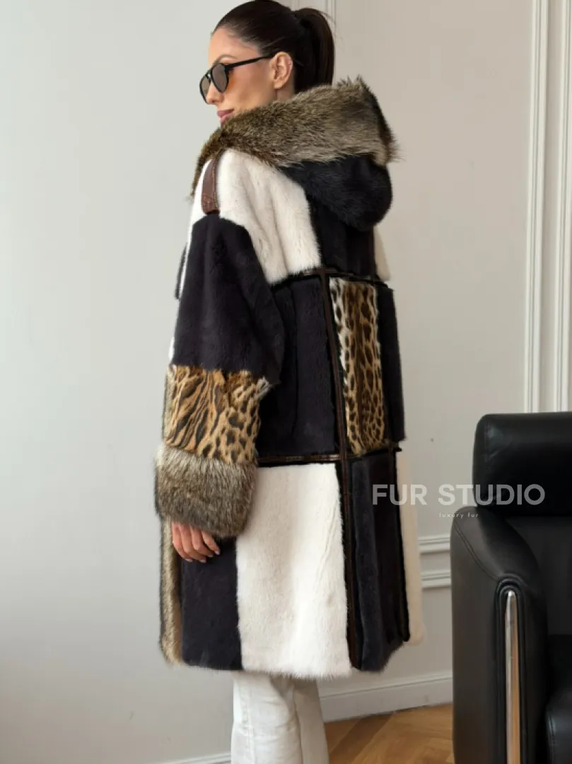 Комбинированная норковая шуба с капюшоном