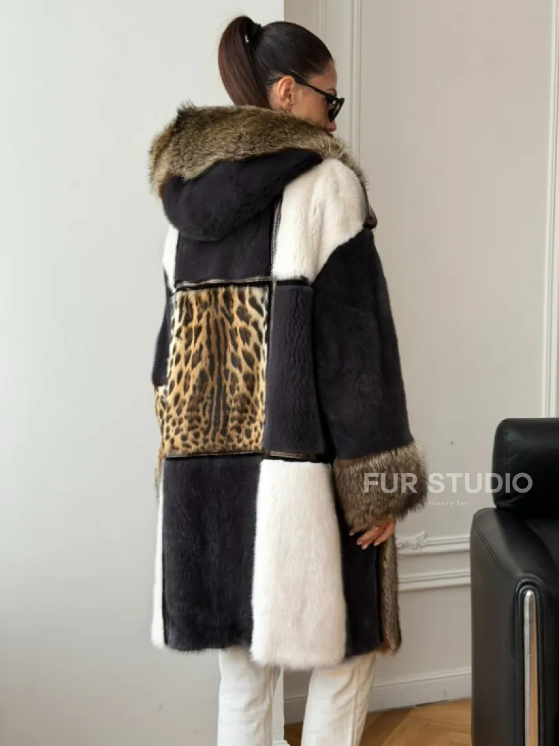 Комбинированная норковая шуба с капюшоном
