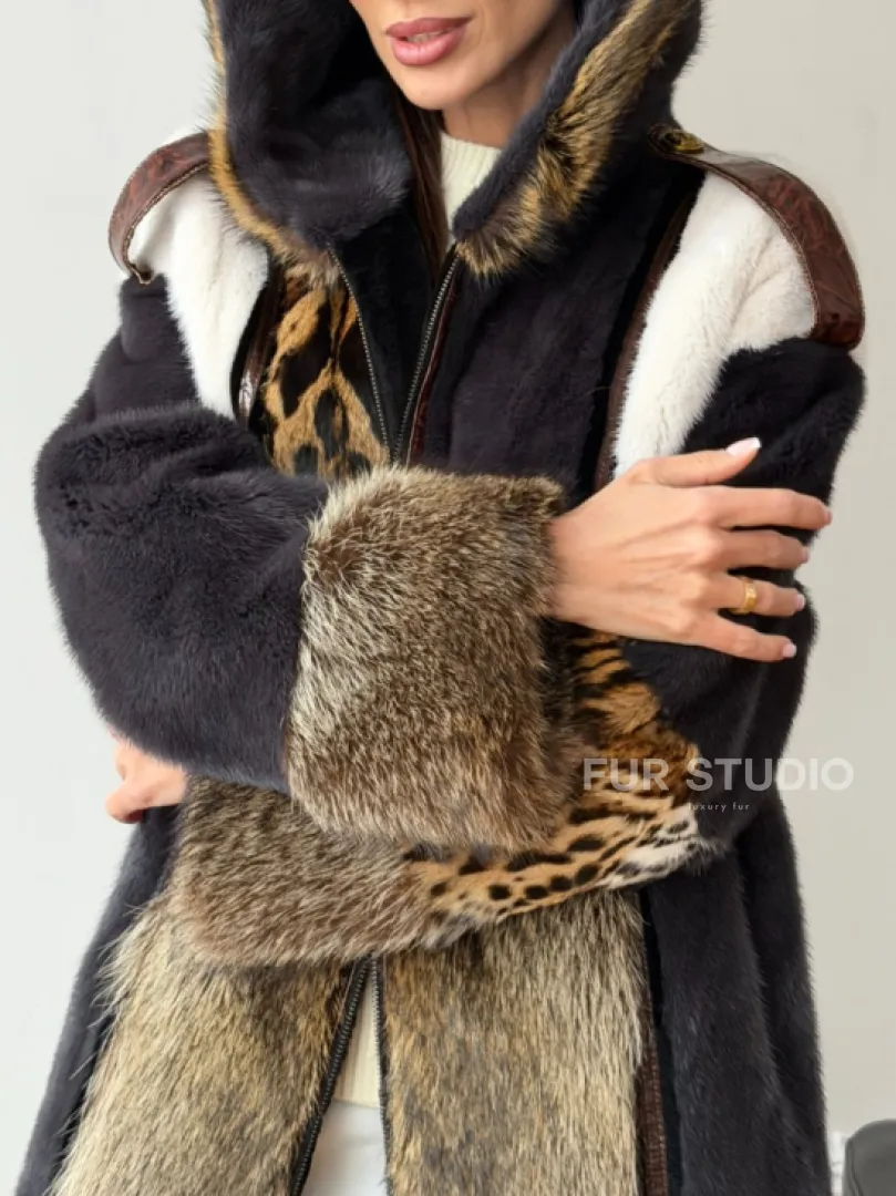 Комбинированная норковая шуба с капюшоном - фото 1