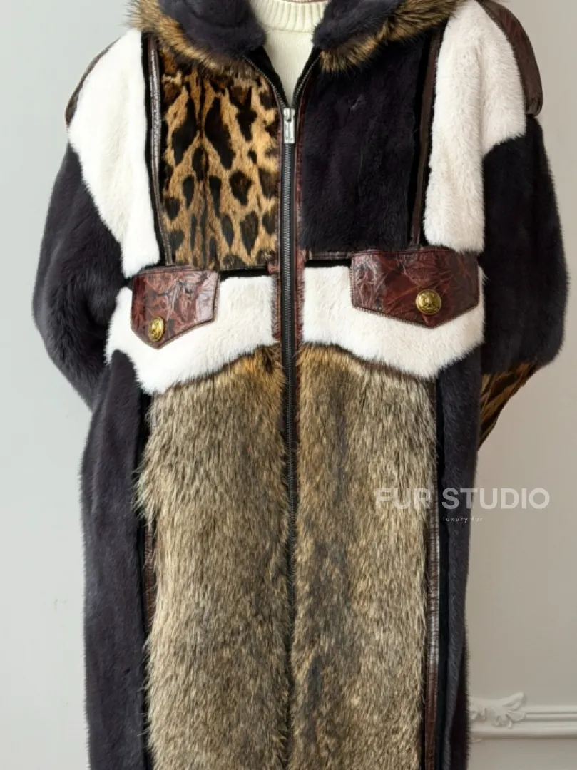 Комбинированная норковая шуба с капюшоном